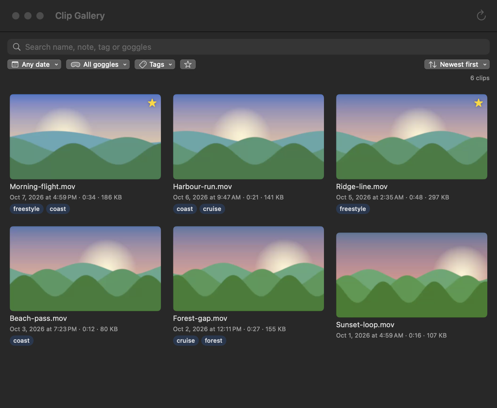 The clip gallery showing six sample clips with thumbnails, names, dates, lengths and sizes