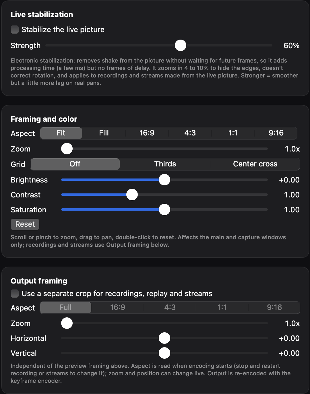 The Display tab showing live stabilization, framing and color, and output framing