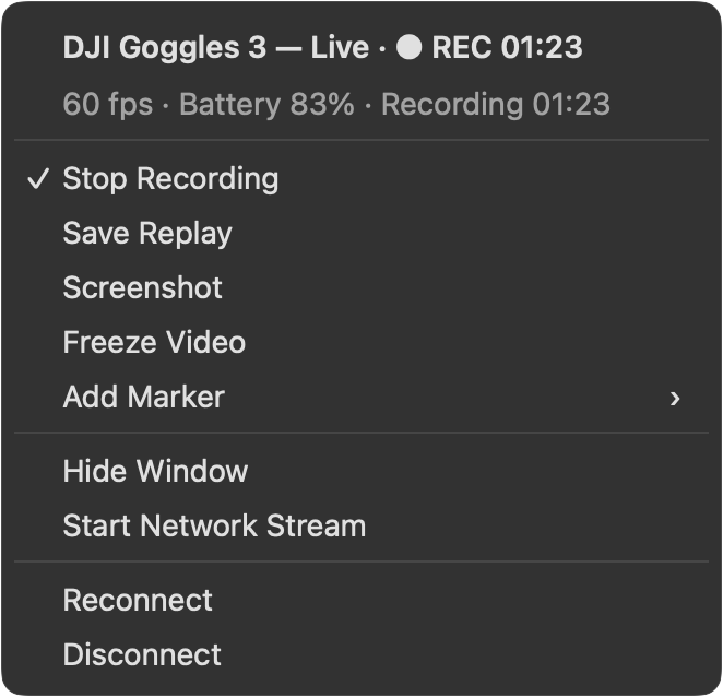 The menu bar menu with Stop Recording, Save Replay, Screenshot, Freeze Video, Add Marker, Hide Window, Start Network Stream, Reconnect and Disconnect