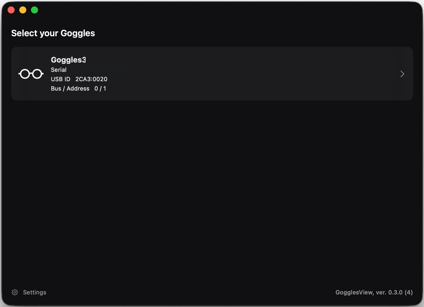 The goggles picker listing the connected pair