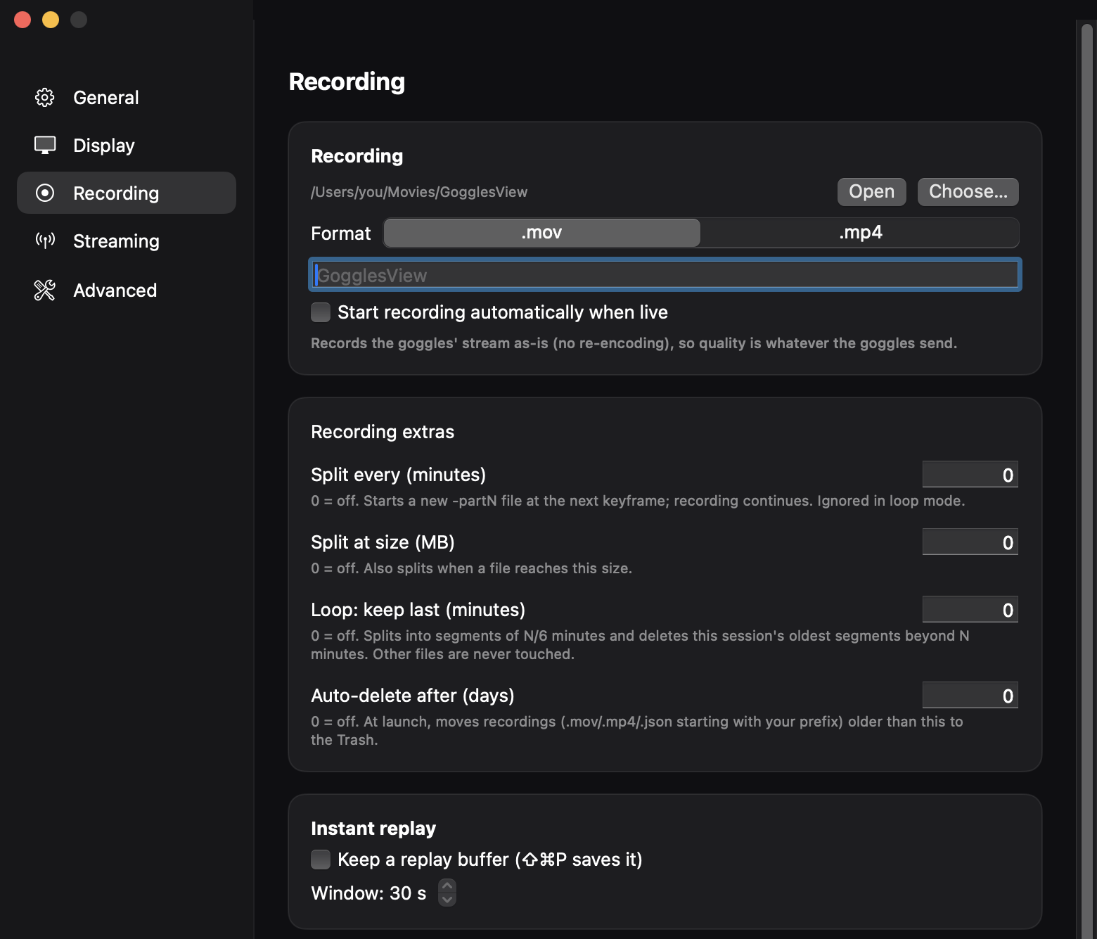 The Settings window on the Recording tab, with a sidebar listing General, Display, Recording, Streaming and Advanced
