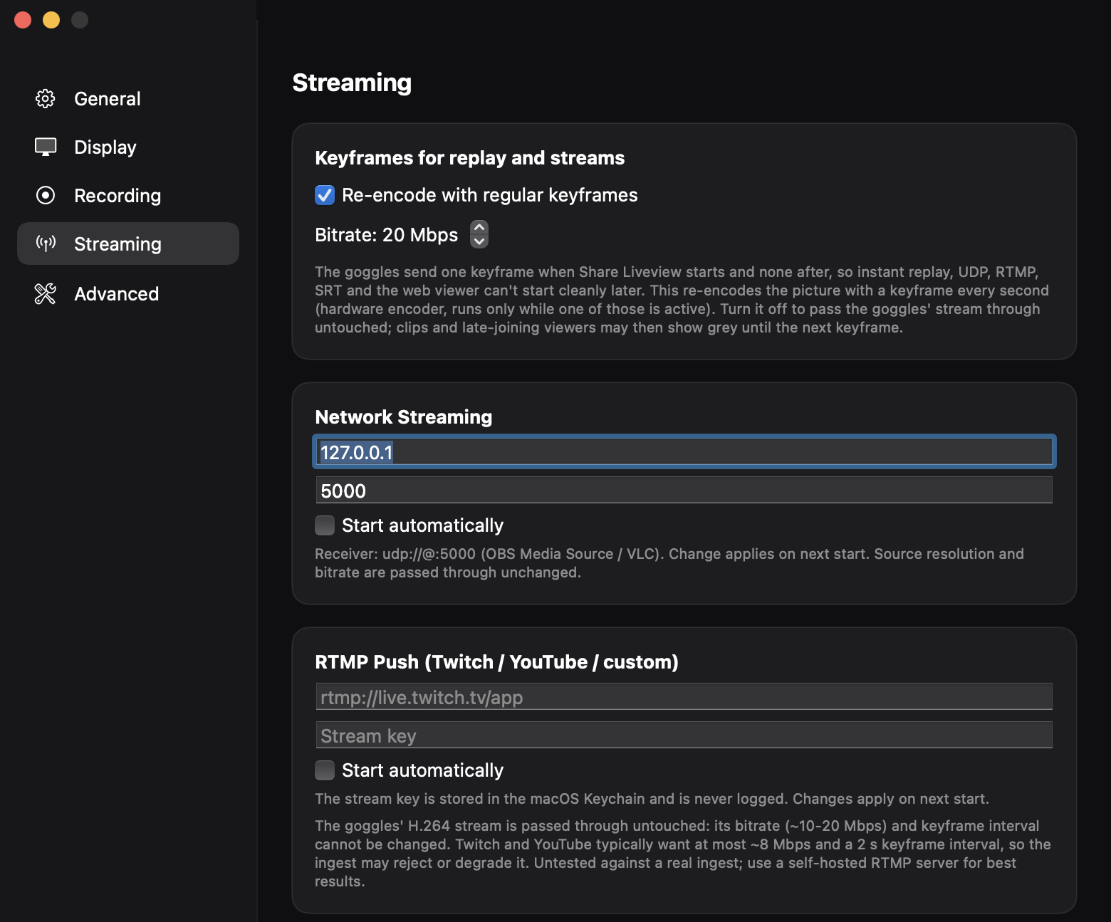 The Streaming tab with the keyframe encoder switch and the network, RTMP, web viewer and SRT cards