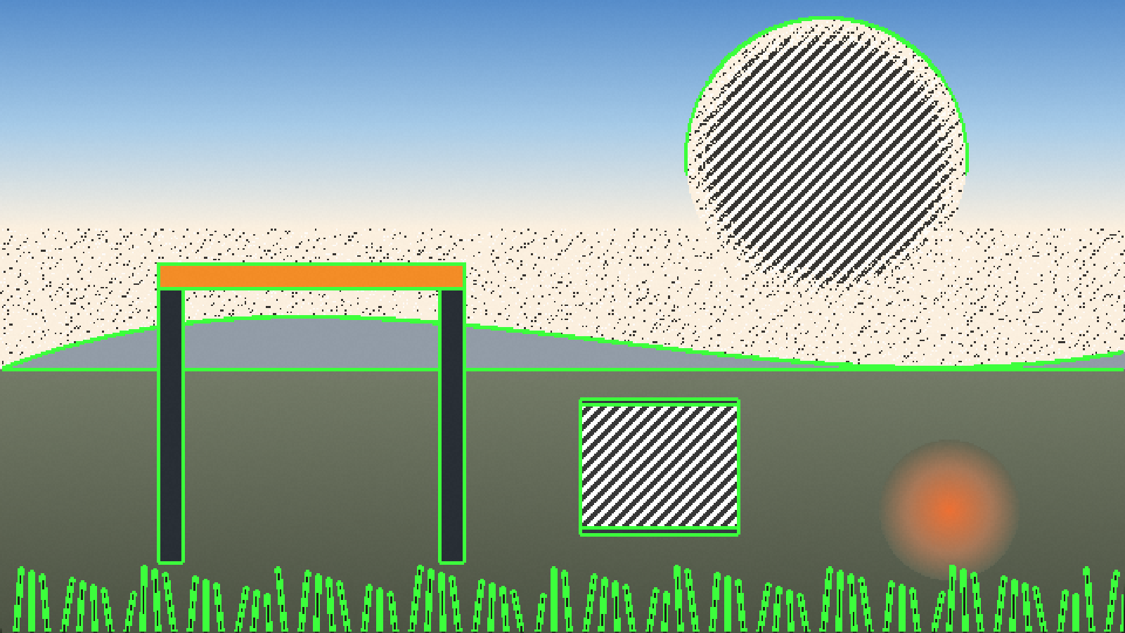 A generated test scene with zebra stripes on the bright sky and sun and green focus peaking on sharp edges